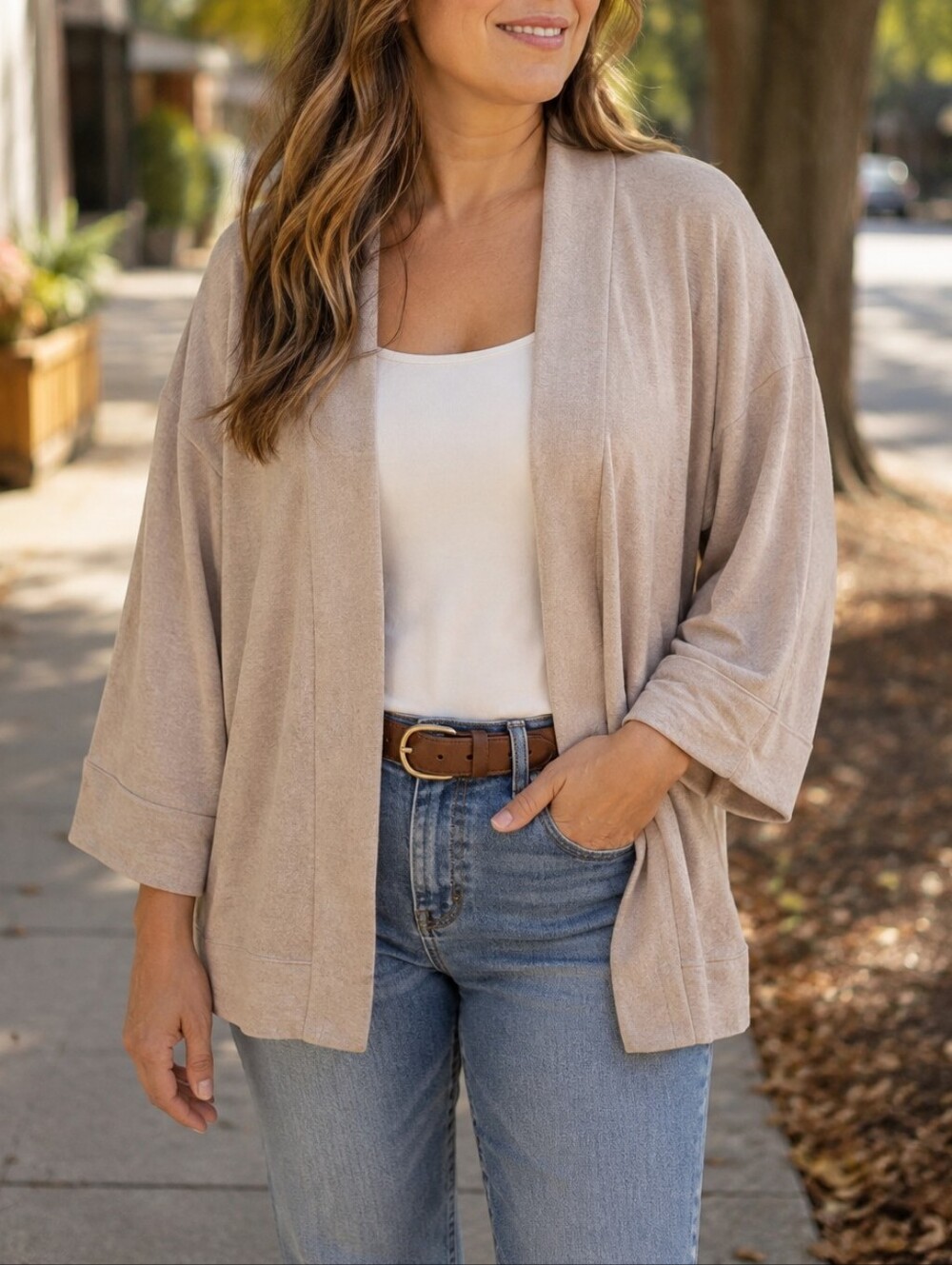 Lemon Beige Open Front Cardigan | Lightweight Neutral Layering Sweater